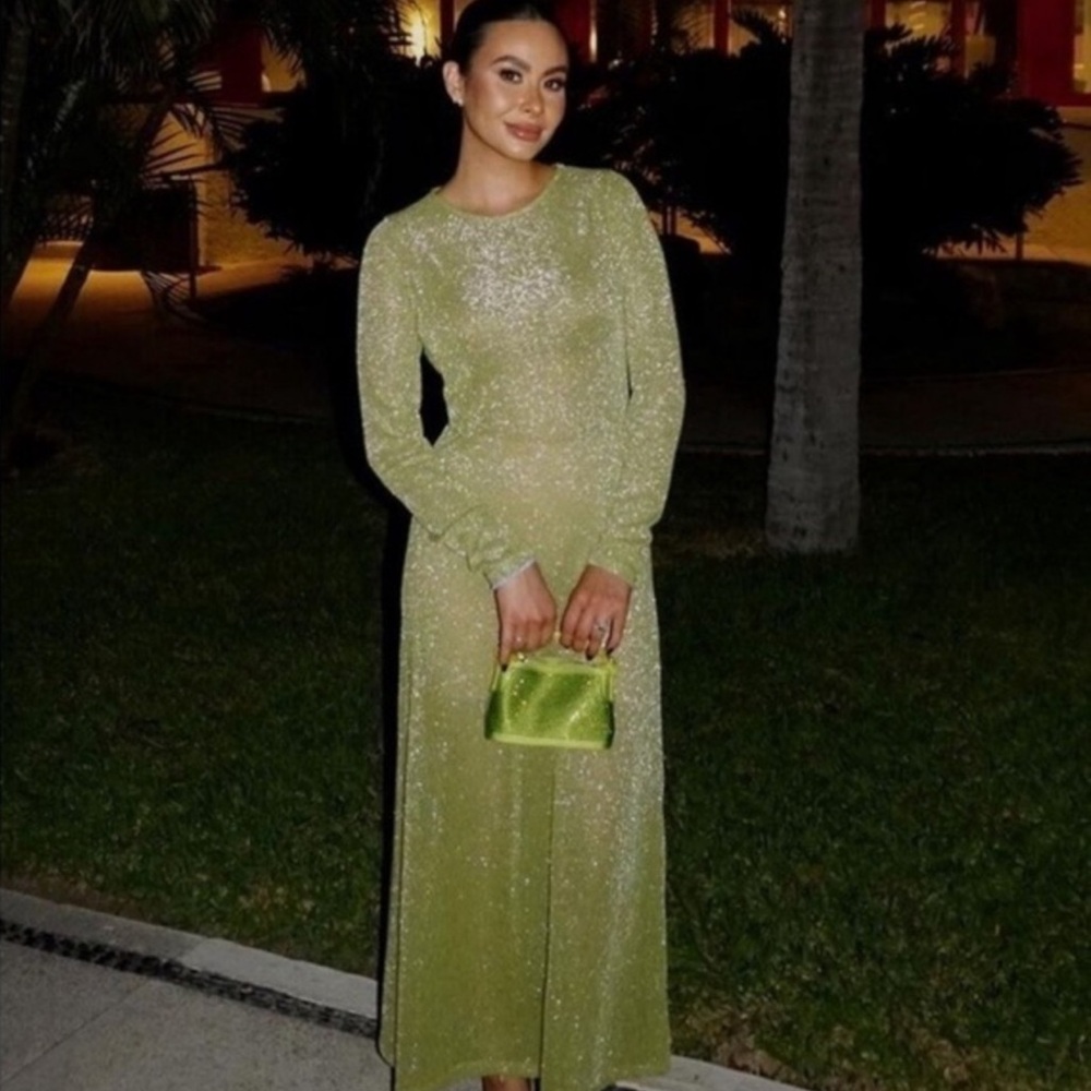 Green metallic thread knit long sleeve sheer maxi dress — rare influencer fave!